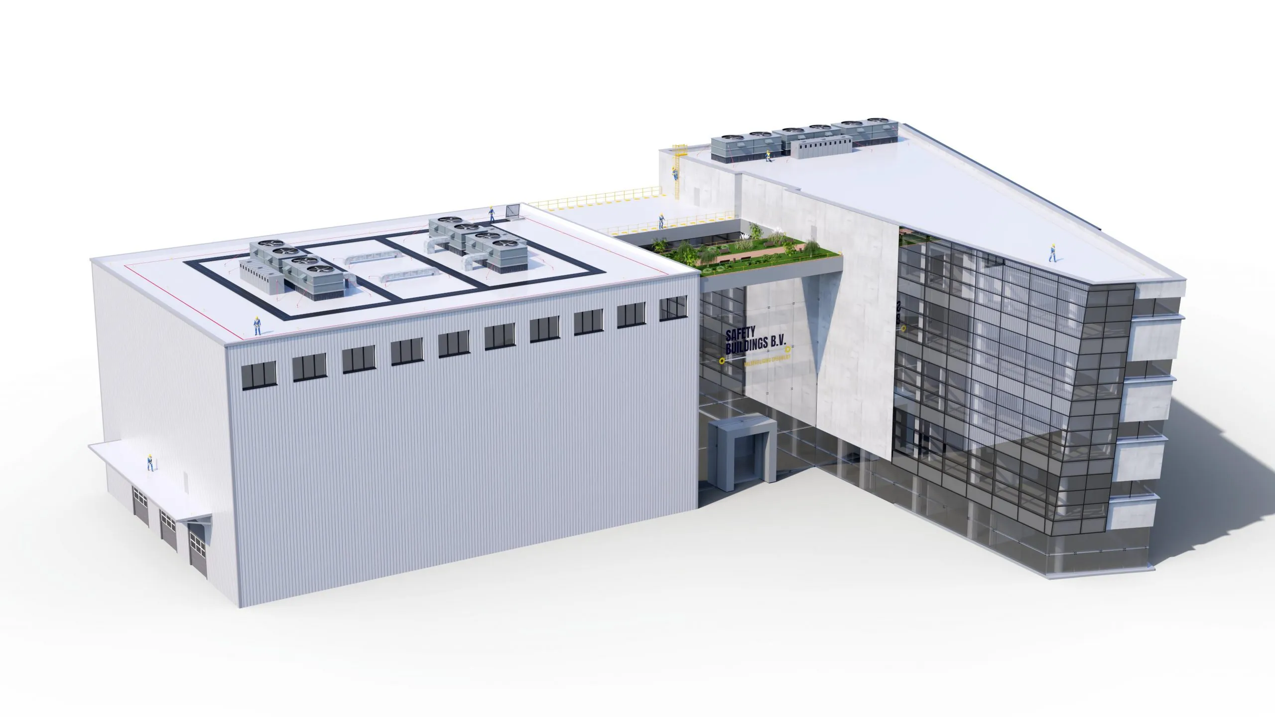3D architectural visualization of a multi-story building featuring rooftop access and fall protection systems