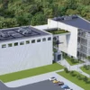 3D architectural visualization of a multi-story building featuring rooftop access and fall protection systems