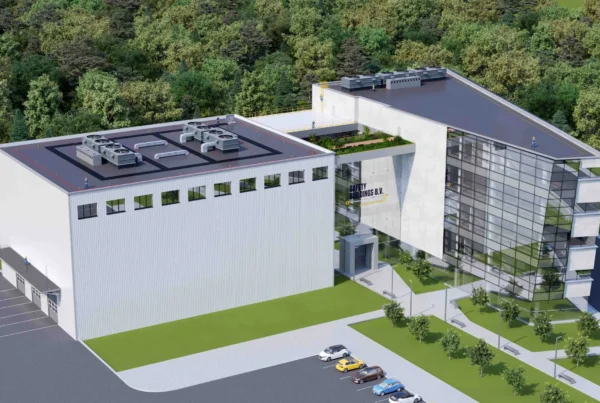 3D architectural visualization of a multi-story building featuring rooftop access and fall protection systems
