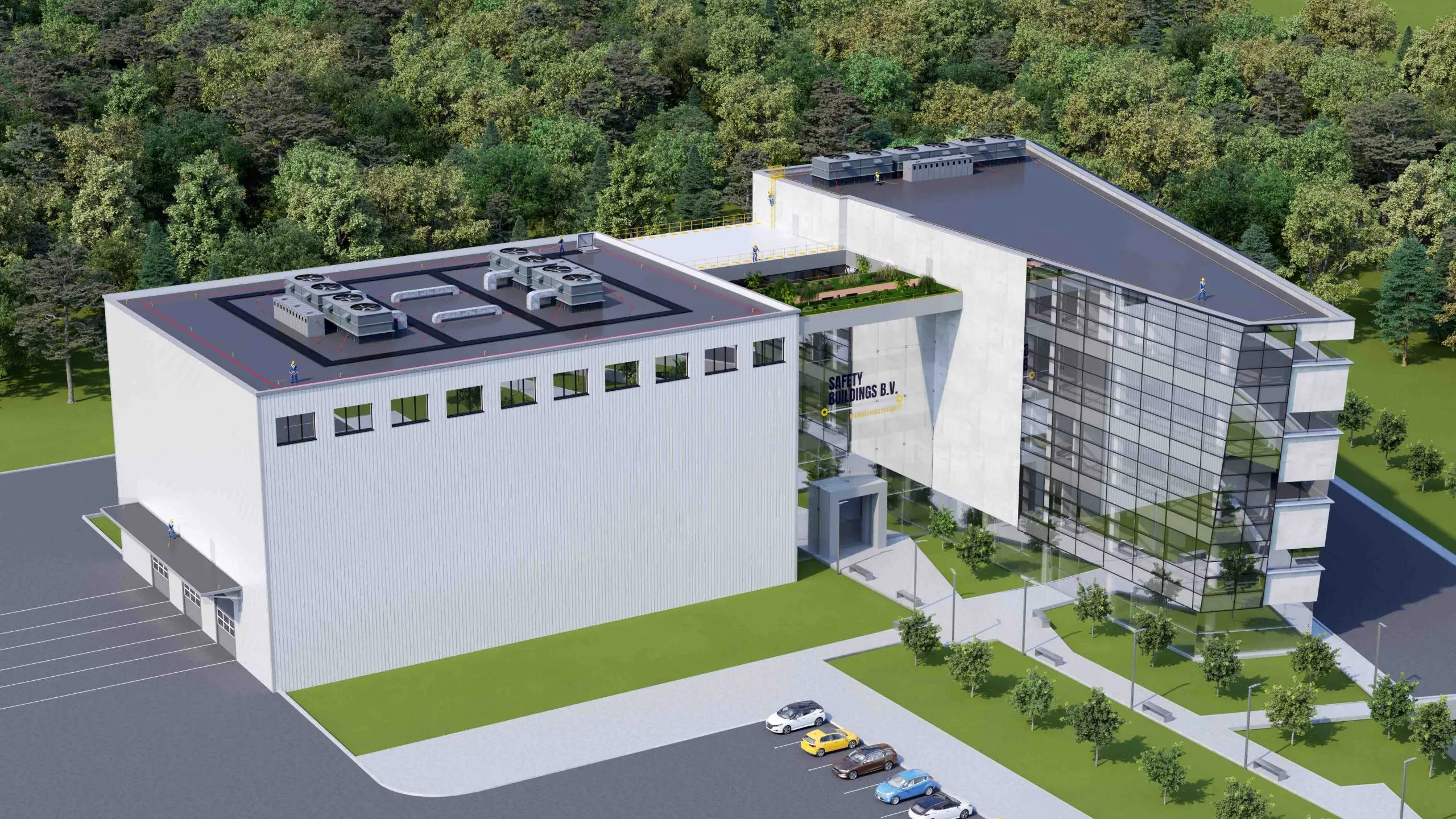 3D architectural visualization of a multi-story building featuring rooftop access and fall protection systems