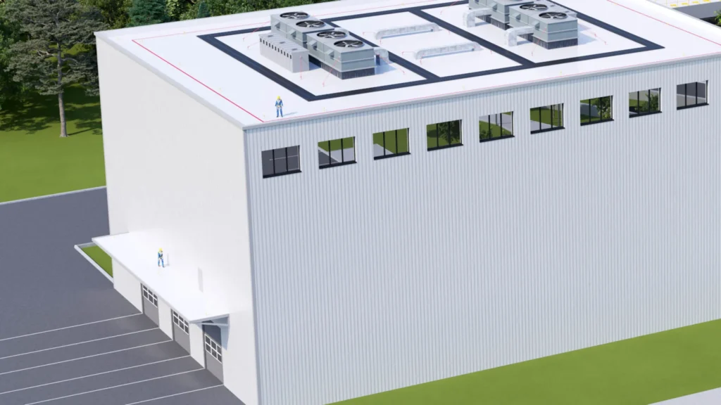 3d-building-visualization-safety-buildings-bv-03 3D architectural visualization of a multi-story building featuring rooftop access and fall protection systems