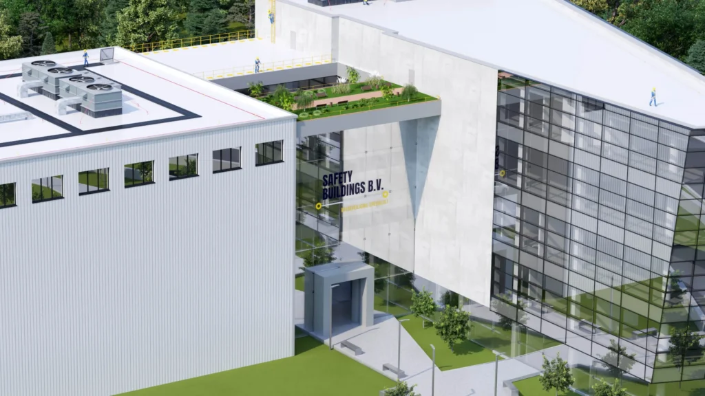 3d-building-visualization-safety-buildings-bv-04 3D architectural visualization of a multi-story building featuring rooftop access and fall protection systems