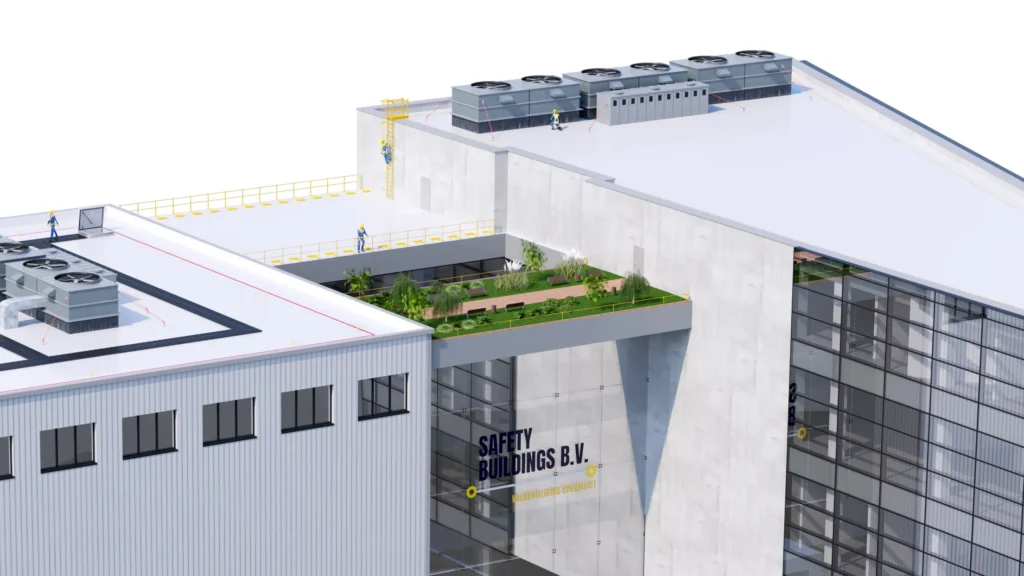 3d-building-visualization-safety-buildings-bv-05 3D architectural visualization of a multi-story building featuring rooftop access and fall protection systems