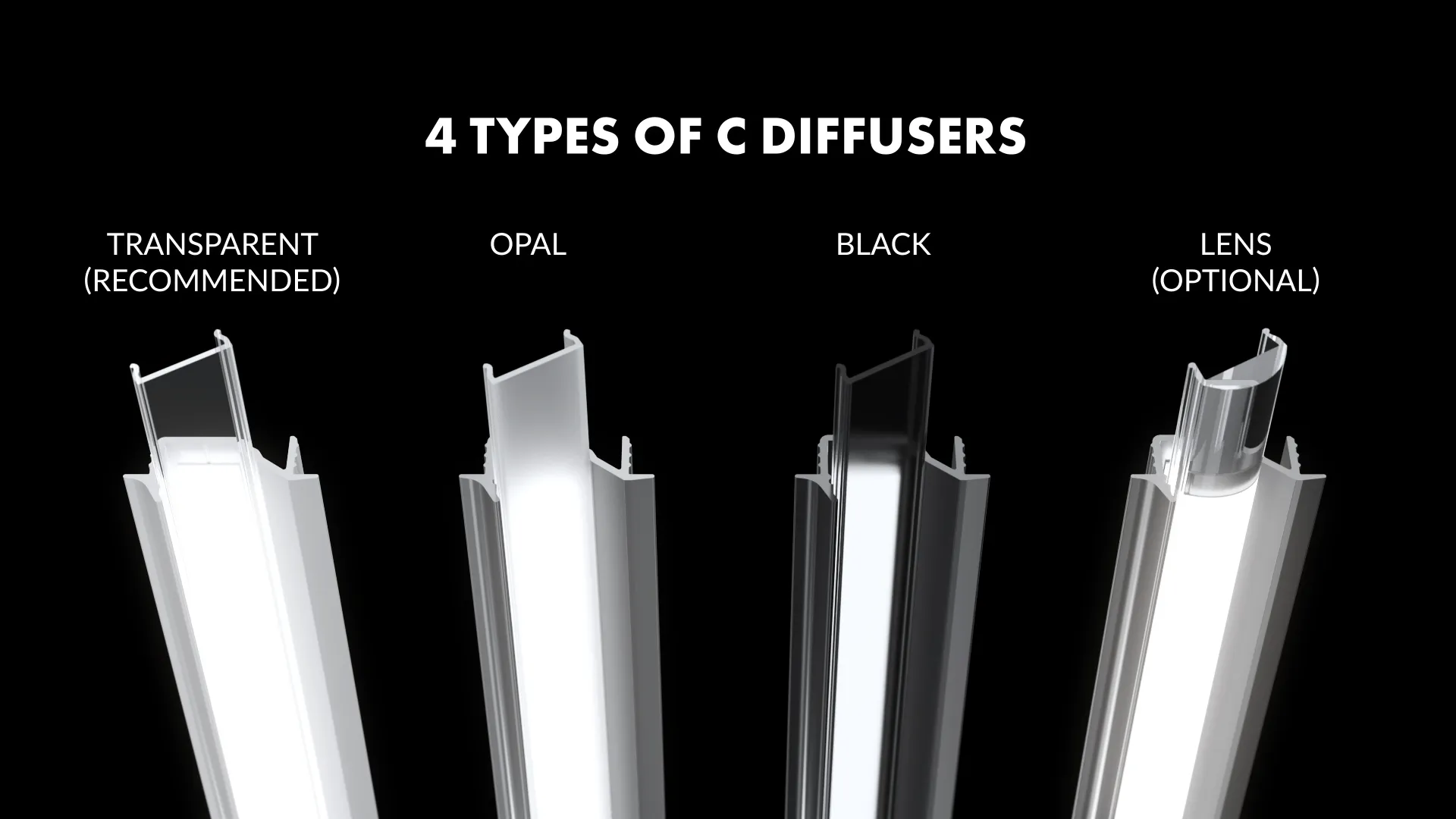 3D product animation demonstrating TOPMET DIAGONAL10 aluminum LED profile light dispersion and diffuser options