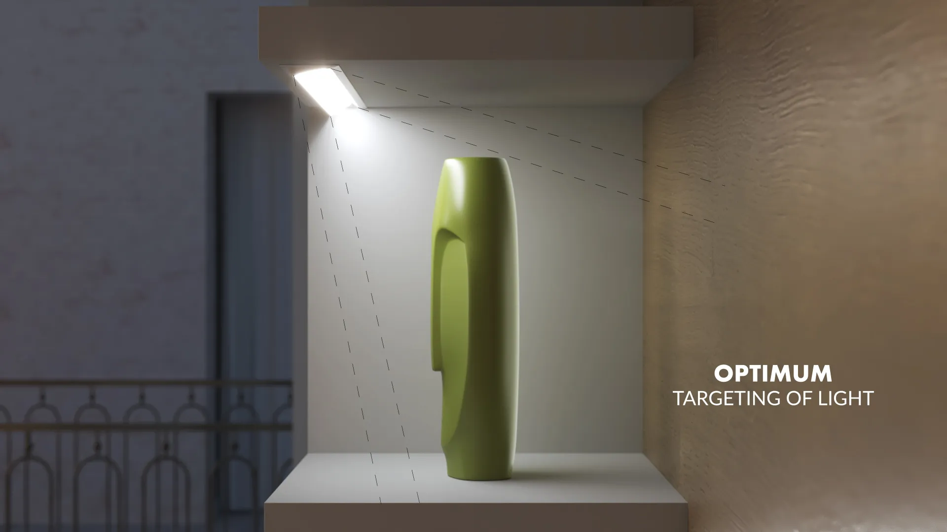 3D product animation demonstrating TOPMET DIAGONAL10 aluminum LED profile light dispersion and diffuser options