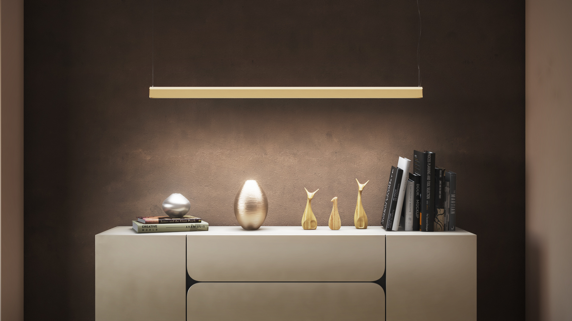 Photorealistic 3D product animation of TOPMET NAMI23 custom color aluminum LED profile in modern interior