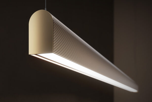 Photorealistic 3D product animation of TOPMET NAMI23 custom color aluminum LED profile in modern interior