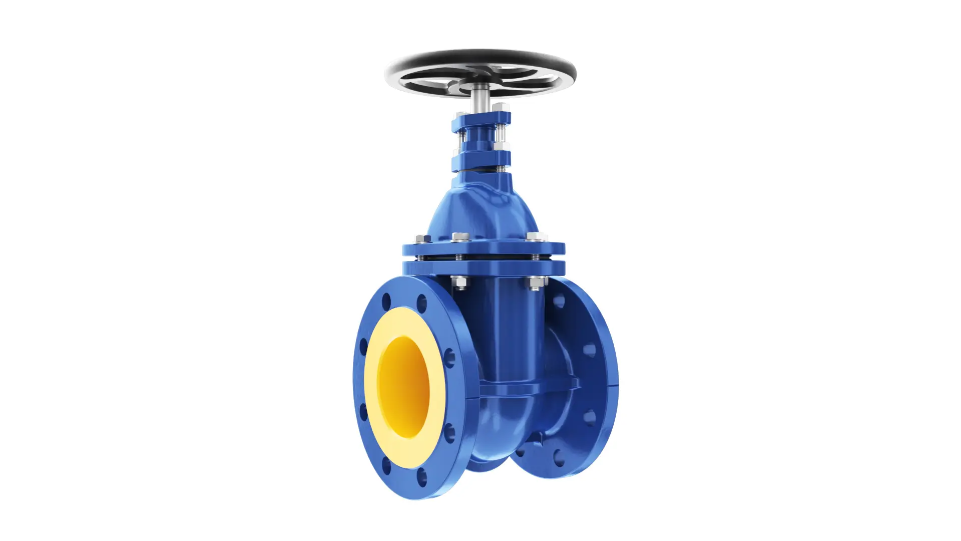 3D technical animation and CAD visualization of Zetkama industrial gate valve with fluid simulation