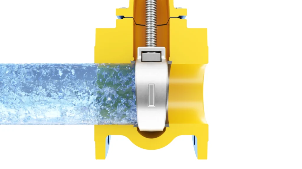3d-product-animation-zetkama-gate-valve-06 3D technical animation and CAD visualization of Zetkama industrial gate valve with fluid simulation