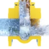 3D technical animation and CAD visualization of Zetkama industrial gate valve with fluid simulation