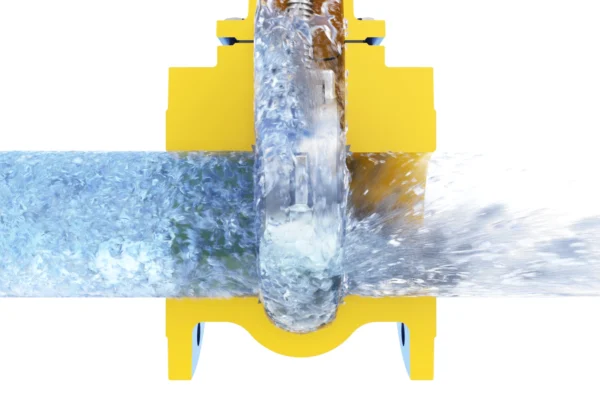 3D technical animation and CAD visualization of Zetkama industrial gate valve with fluid simulation