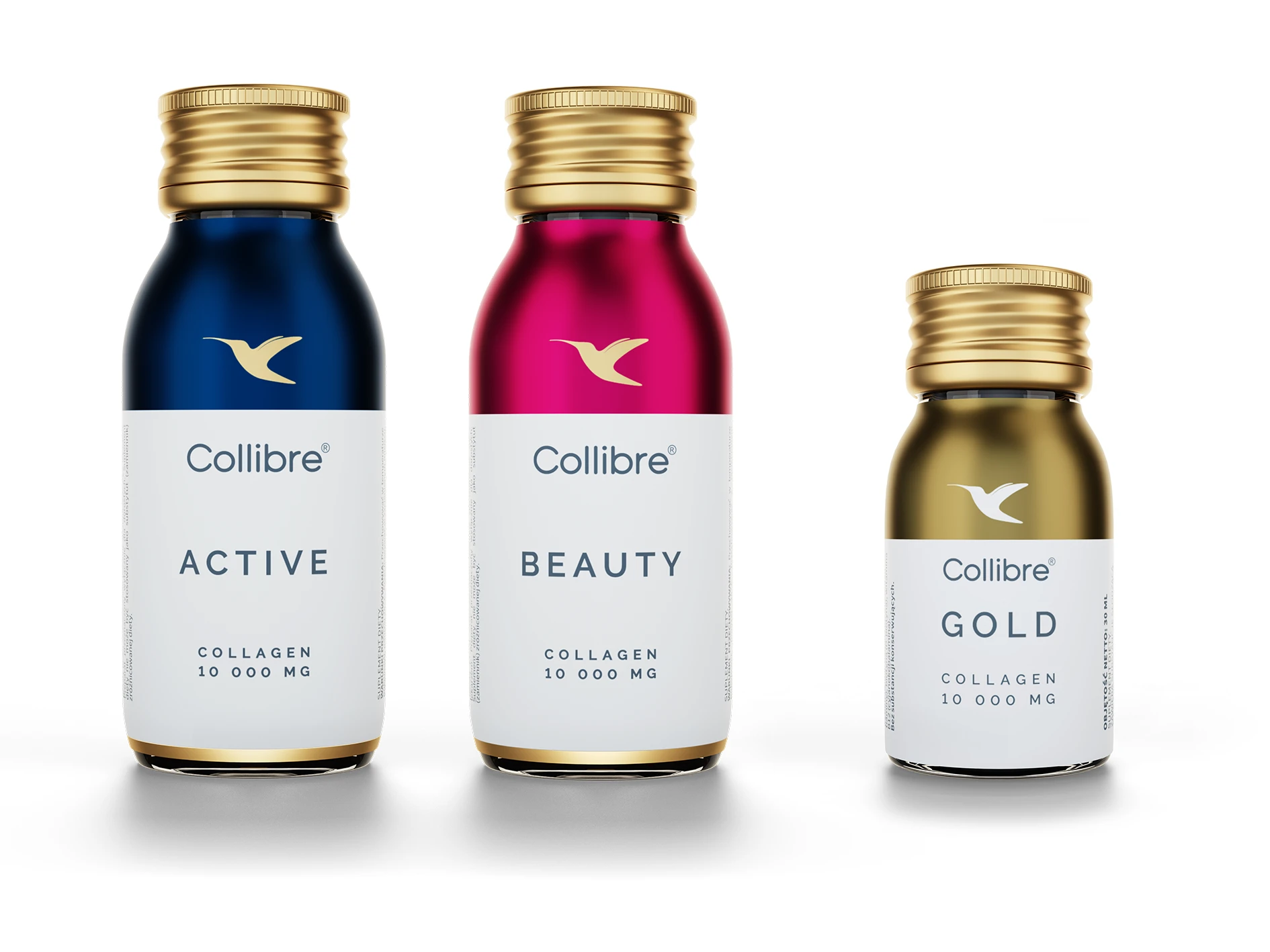 Photorealistic 3D product renders of 30ml and 60ml beauty supplement bottles with custom label mapping