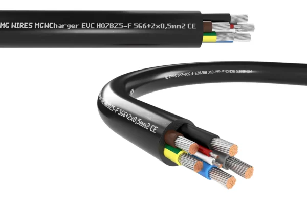 Photorealistic 3D product render showing MG Wire industrial cable cross-section and copper conductor strands