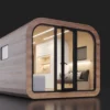 Photorealistic 3D product renders showing modular panel house architectural variants and structural design