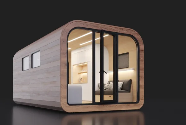 Photorealistic 3D product renders showing modular panel house architectural variants and structural design
