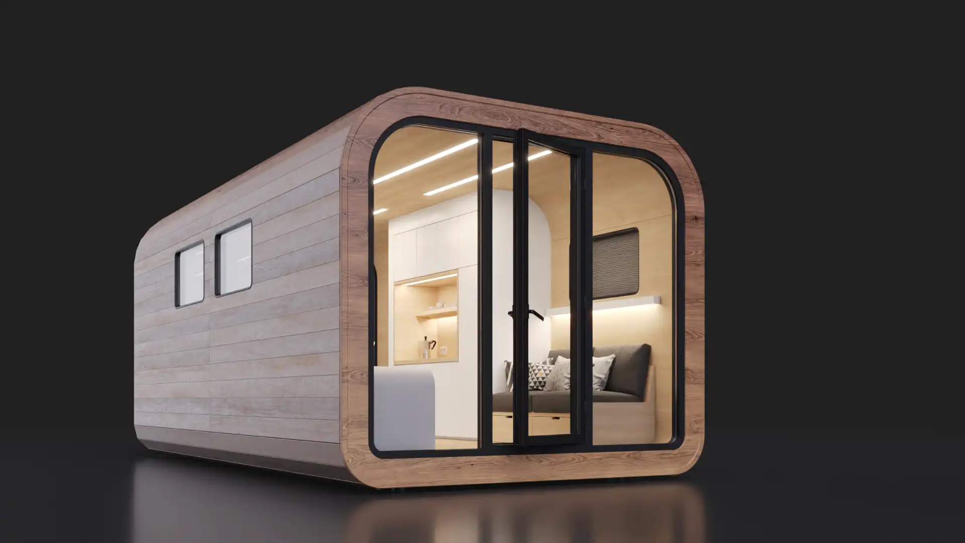Photorealistic 3D product renders showing modular panel house architectural variants and structural design