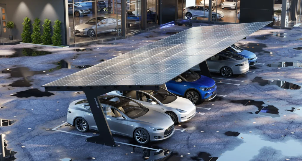 3d-visualization-avrii-solar-carport-commercial-01 Photorealistic 3D visualization of Avrii commercial solar carport with integrated photovoltaic panels
