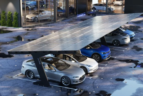 Photorealistic 3D visualization of Avrii commercial solar carport with integrated photovoltaic panels
