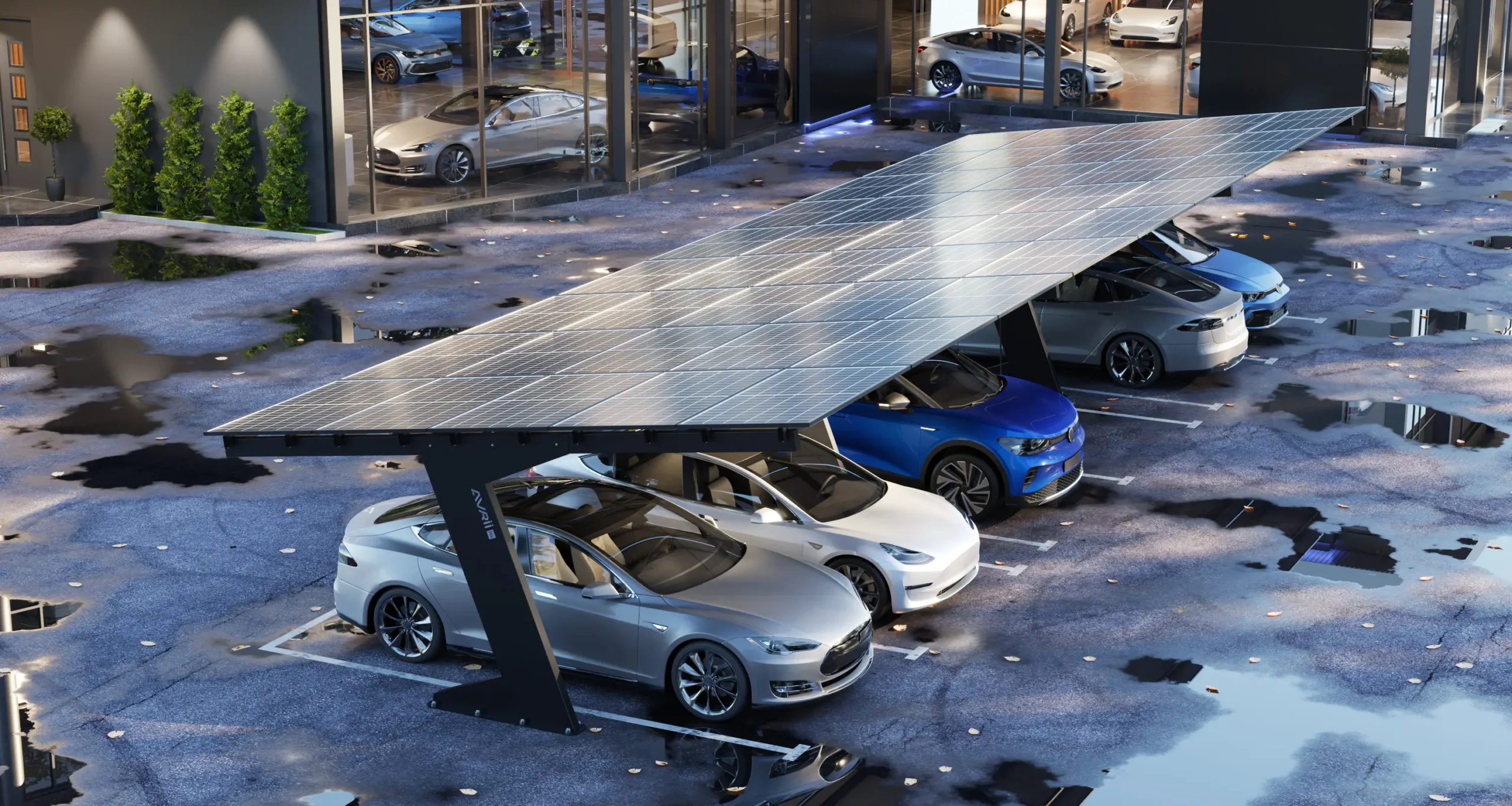 Photorealistic 3D visualization of Avrii commercial solar carport with integrated photovoltaic panels