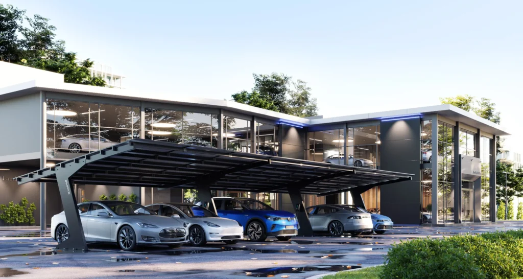 3d-visualization-avrii-solar-carport-commercial-02 Photorealistic 3D visualization of Avrii commercial solar carport with integrated photovoltaic panels